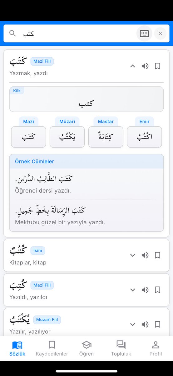 Kelimelerin çekimlerini ve örnek cümlelerini sunan yapay zeka destekli Arapça sözlük uygulaması: Kavaid