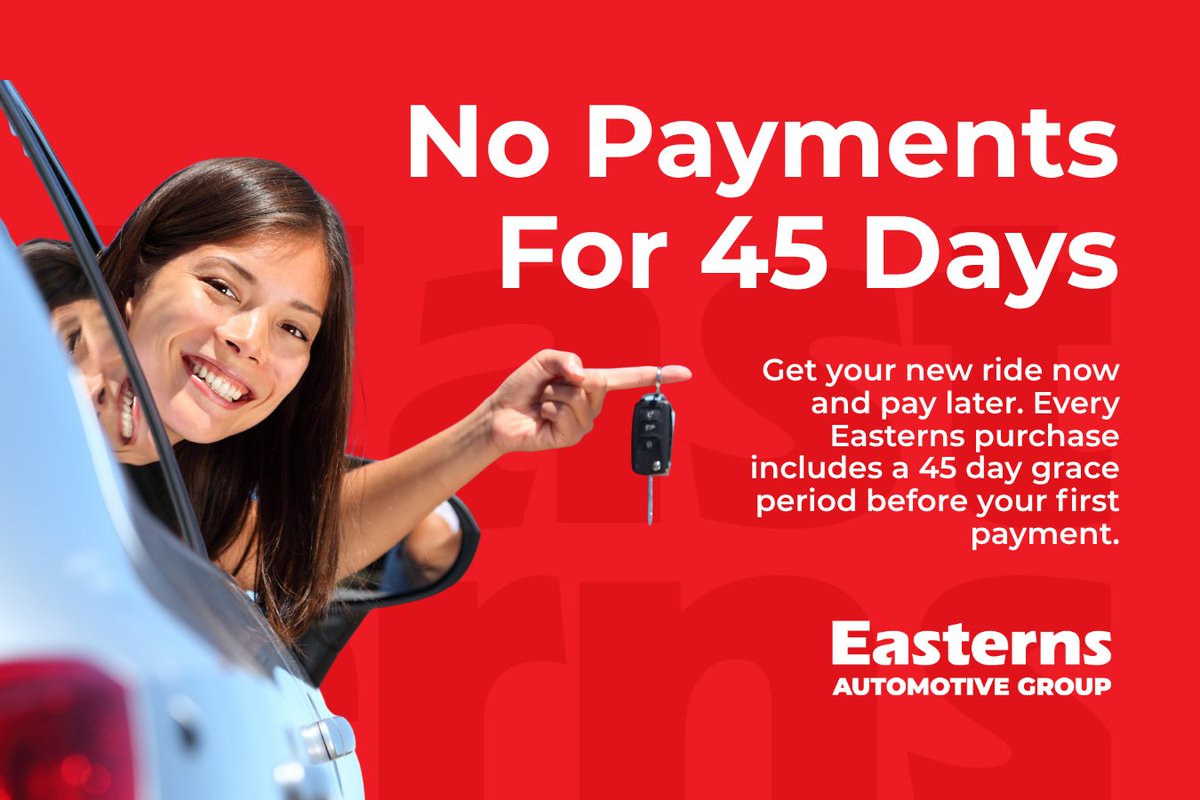 EASTERNMOTORS's tweet image. Drive today, pay later! 🚗✨ With Easterns, you get No Payments for 45 Days on your next ride. That’s extra time to settle in, save up, and enjoy your new car stress free.

📍 Visit any Easterns location or shop online to get started. #AnyCar #AnyWay #ForEveryone