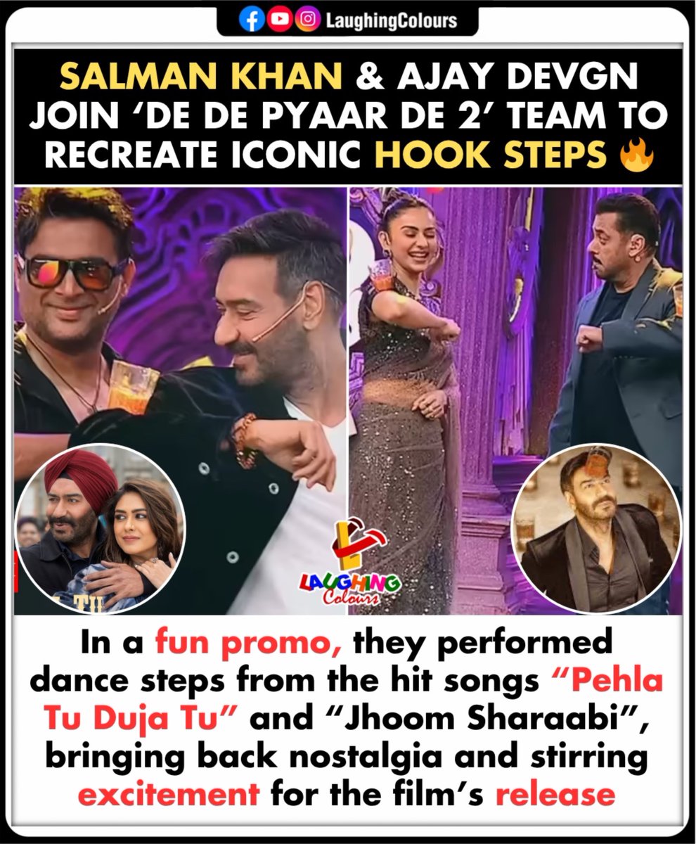 LaughingColours's tweet photo. Salman & Ajay bring nostalgia 🔥
#SalmanKhan #AjayDevgn #DeDePyaarDe2 #Bollywood #DancePromo #Entertainment https://t.co/J1fsyeWiBS