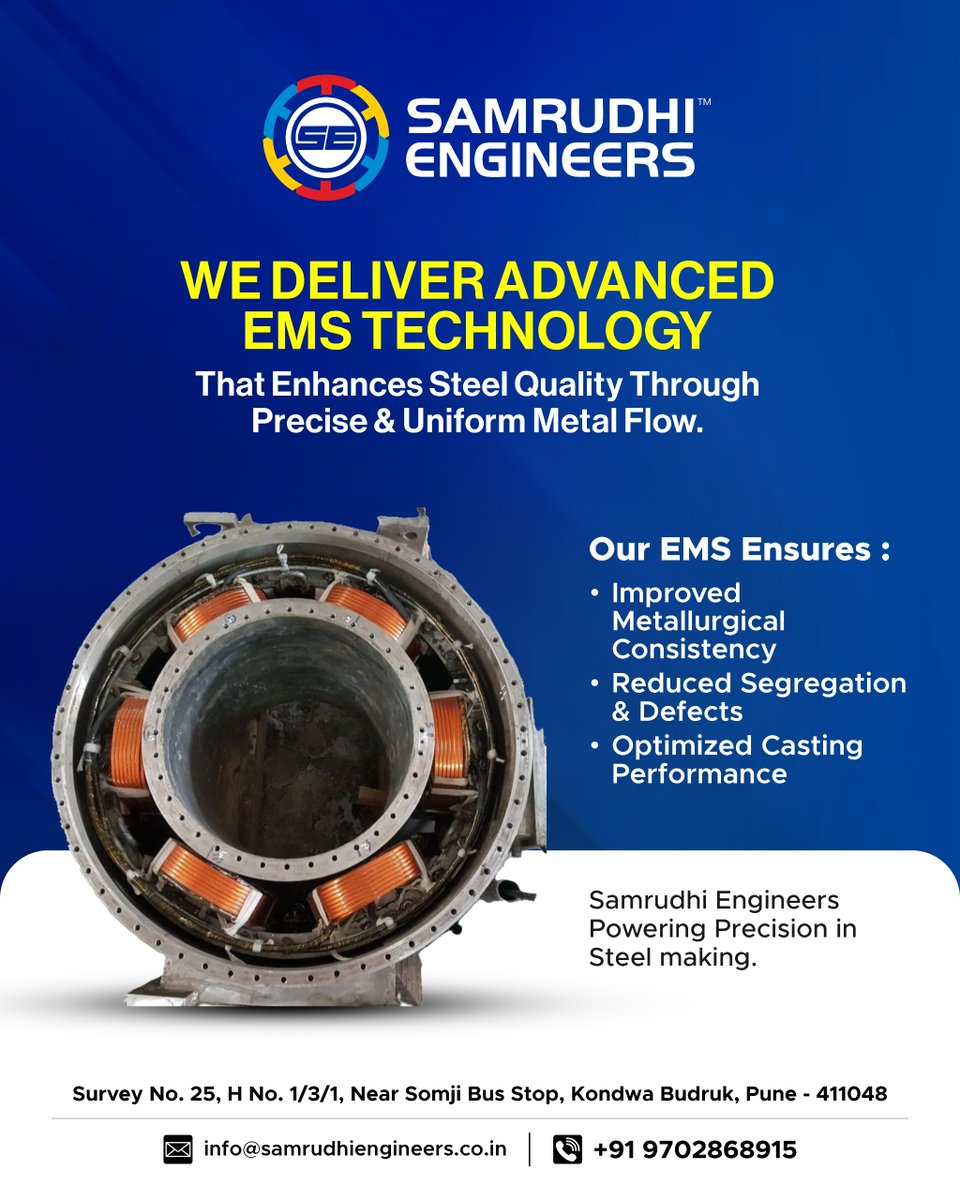 samrudhi_engr's tweet photo. Enhancing Steel Quality with Electromagnetic Stirring (EMS)! ⚙️
At Samrudhi Engineers, we bring innovation to the heart of the Continuous Casting Process through advanced Electromagnetic Stirring (EMS) technology. 🌊

#SamrudhiEngineers #ElectromagneticStirring #ContinuousCasting https://t.co/c4ed7XgMMA