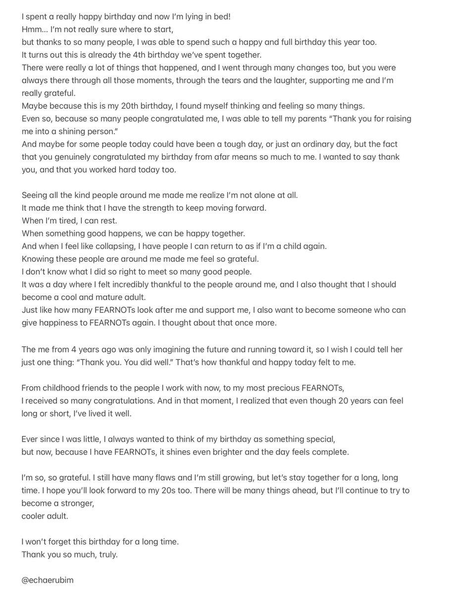 251111 eunchae weverse dm update

"Seeing all the kind people around me made me realize I’m not alone at all. It made me think that I have the strength to keep moving forward. When I’m tired, I can rest. When something good happens, we can be happy together."