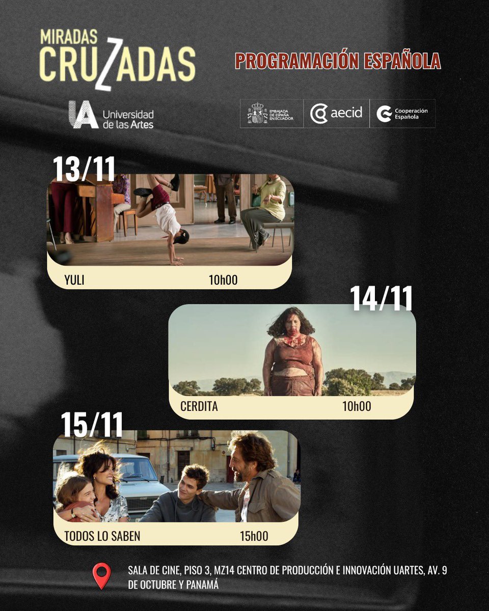 🎬 Del 12 al 15 de noviembre llega a <a href="/uartesec/">UArtes</a> “Miradas Cruzadas”, una muestra de cine europeo contemporáneo con grandes películas españolas. 

🇪🇸 Programación:
13/11 10h00 — YULI
14/11 10h00 — CERDITA
15/11 15h00 — TODOS LO SABEN
📍Sala de Cine UArtes (MZ14) Guayaquil