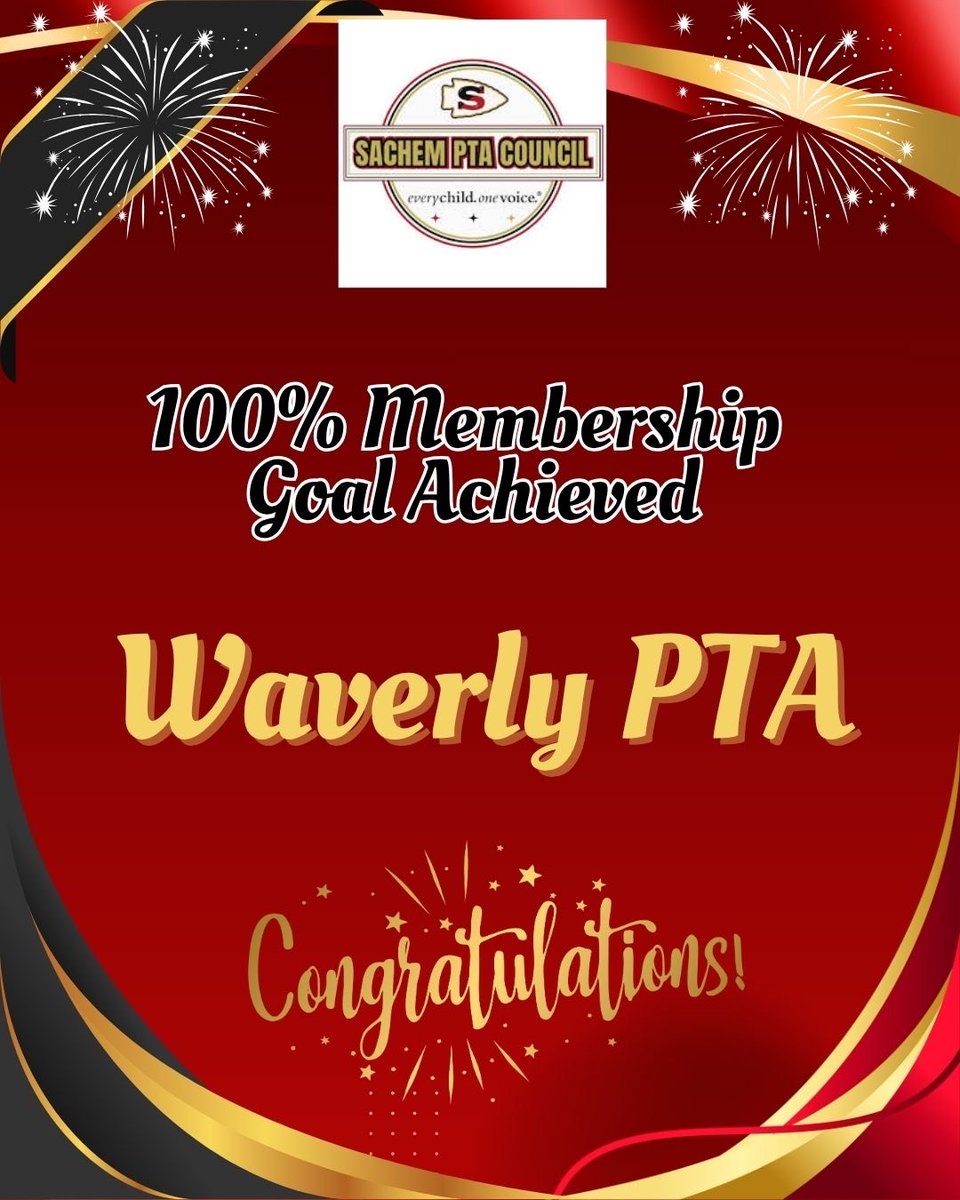 🎉 Waverly PTA has officially reached 100% membership!

A huge thank you to all our members for showing up to support our students and school community. Your commitment helps make Sachem stronger every day!

#WaverlyPride #SachemStrong #PTAProud