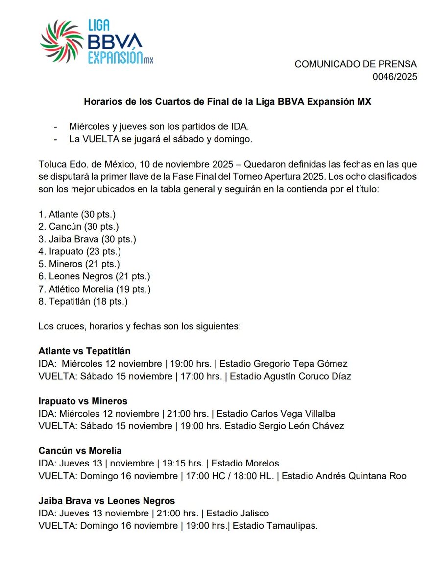 Definidos los horarios.✅

Todo listo para los Cuartos de Final de la <a href="/LigaMXExpansion/">Liga BBVA Expansión MX</a>. 

Los primeros duelos de las llaves se jugarán los miércoles y jueves. 

Las vueltas serán sábado y domingo. 

#LigaMX