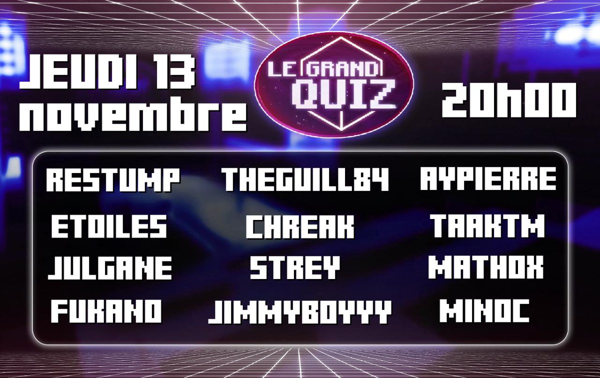 GuepMC's tweet image. J&apos;en ai pas encore parlé sur Twitter mais 𝗝𝗲𝘂𝗱𝗶 𝟭𝟯 𝗡𝗼𝘃𝗲𝗺𝗯𝗿𝗲 𝗮̀ 𝟮𝟬𝗵 se déroule la 3e édition du Grand Quiz, mon event de Quiz sur Minecraft !!

(Et au passage j&apos;ai sorti la vidéo de l&apos;édition précédente sur ma chaîne)