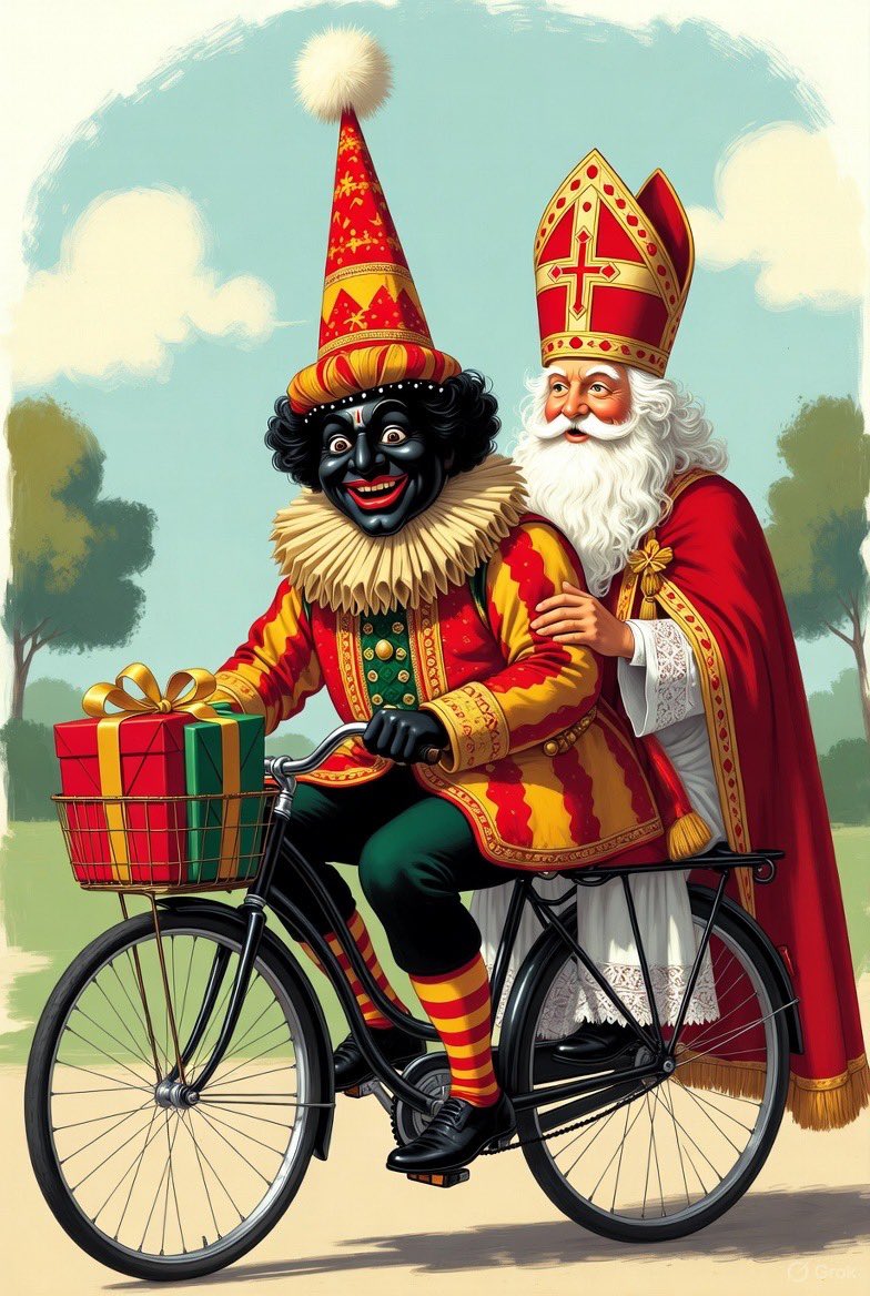 Zwarte piet ging uit fietsen
Toen klapte zijn band
Hij moest toen gaan lopen
Met de fiets aan zijn hand
Toen kwam hij in ‘n dorpje
En zei tegen de smid
Ik geloof dat er in mijn achterband
Een pepernootje zit
De smid moest toen lachen
En plakte zijn band
Toen kon piet weer fietsen