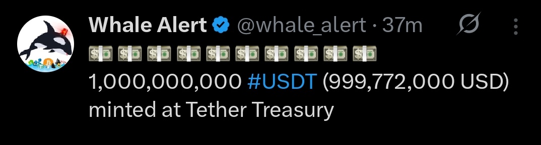 🚨 JUST IN: 1,000,000,000 $USDT freshly minted at Tether!