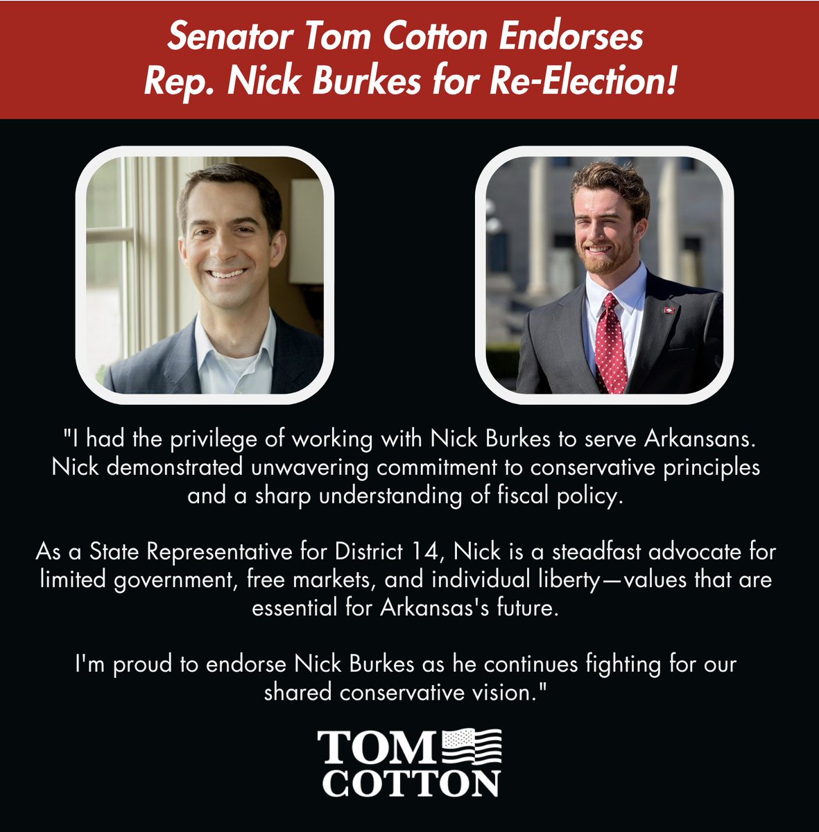 .<a href="/nick_burkes/">Nick Burkes</a> is a strong conservative leader and we need him to continue fighting for Arkansans. 

He has my full endorsement. 

#ARPX