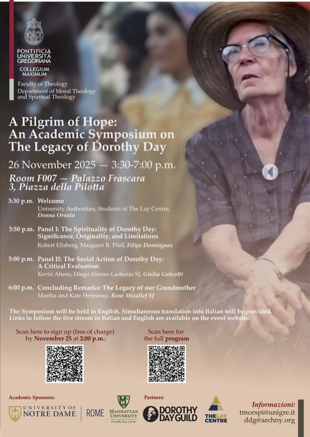RobertEllsberg's tweet image. This symposium on #DorothyDay at the Gregorian University in Rome will be livestreamed. November 26. Looking forward to being there.