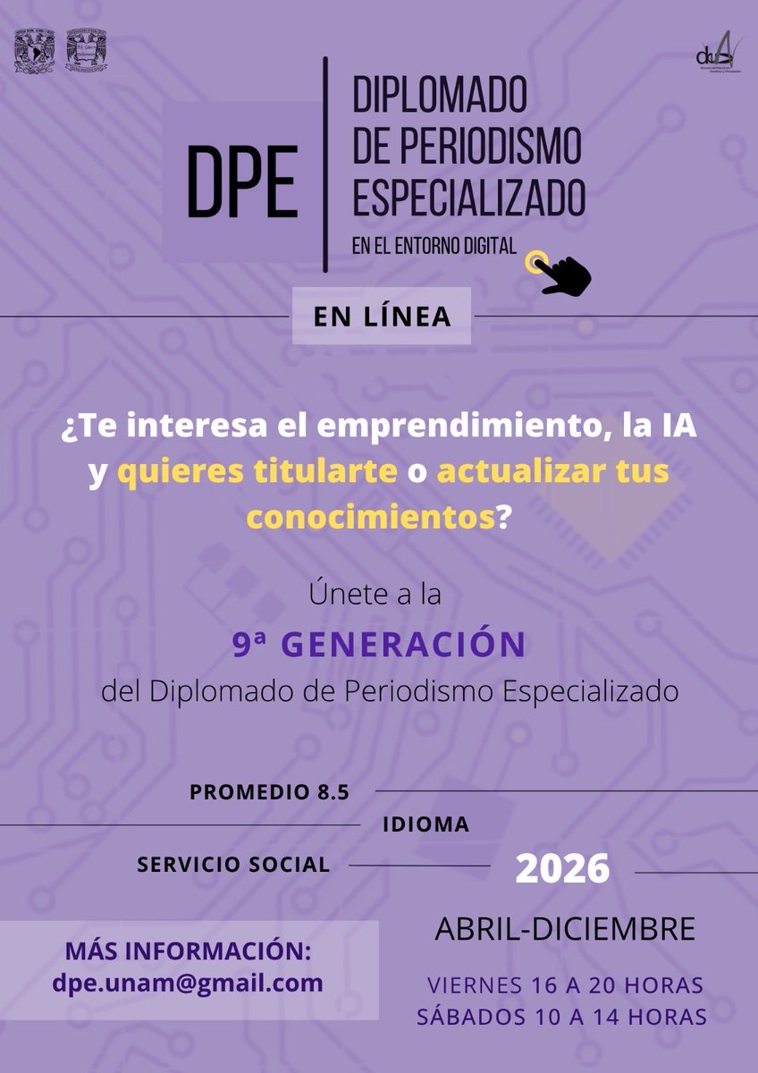 DPE_UNAM's tweet image. ¿Te quieres titular o actualizar tus conocimientos sobre periodismo y comunicación? 
¡Sé parte de la novena generación del DPE! @UNAM_FCPyS 
💻 En línea 
⏰ Abril- diciembre 2026 
📩dpe.unam@gmail.com para más información.