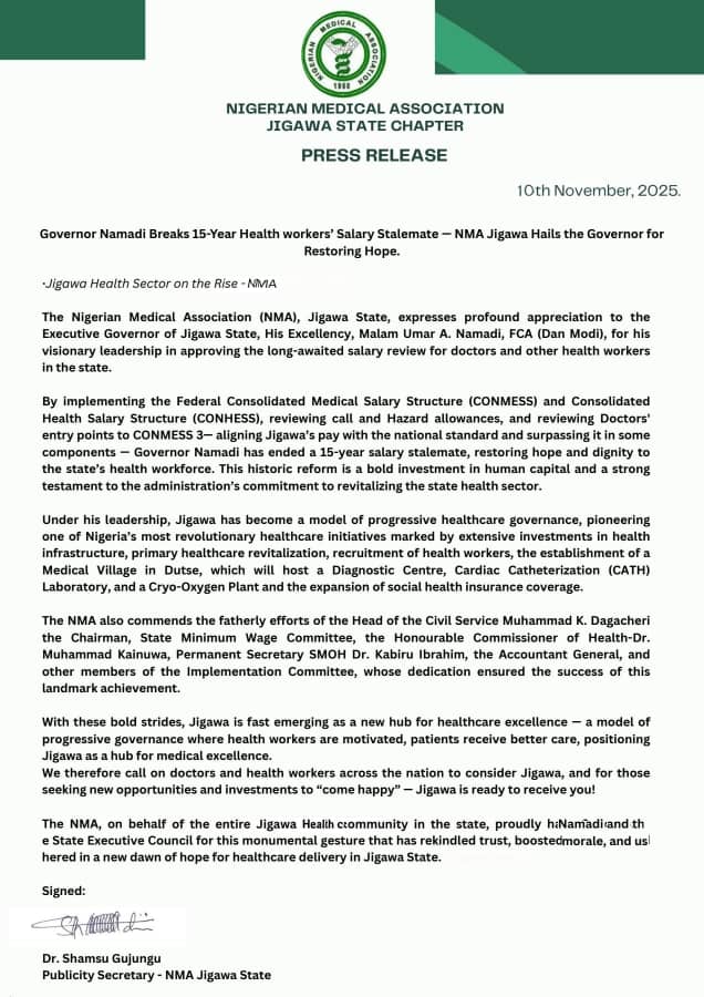 PRESS RELEASE* 

𝑮𝒐𝒗𝒆𝒓𝒏𝒐𝒓 𝑵𝒂𝒎𝒂𝒅𝒊 𝑩𝒓𝒆𝒂𝒌𝒔 15-𝒀𝒆𝒂𝒓 𝑯𝒆𝒂𝒍𝒕𝒉 𝑾𝒐𝒓𝒌𝒆𝒓𝒔’ 𝑺𝒂𝒍𝒂𝒓𝒚 𝑺𝒕𝒂𝒍𝒆𝒎𝒂𝒕𝒆 — 𝑵𝑴𝑨 𝑱𝒊𝒈𝒂𝒘𝒂 𝑯𝒂𝒊𝒍𝒔 𝒕𝒉𝒆 𝑮𝒐𝒗𝒆𝒓𝒏𝒐𝒓 𝒇𝒐𝒓 𝑹𝒆𝒔𝒕𝒐𝒓𝒊𝒏𝒈 𝑯𝒐𝒑𝒆