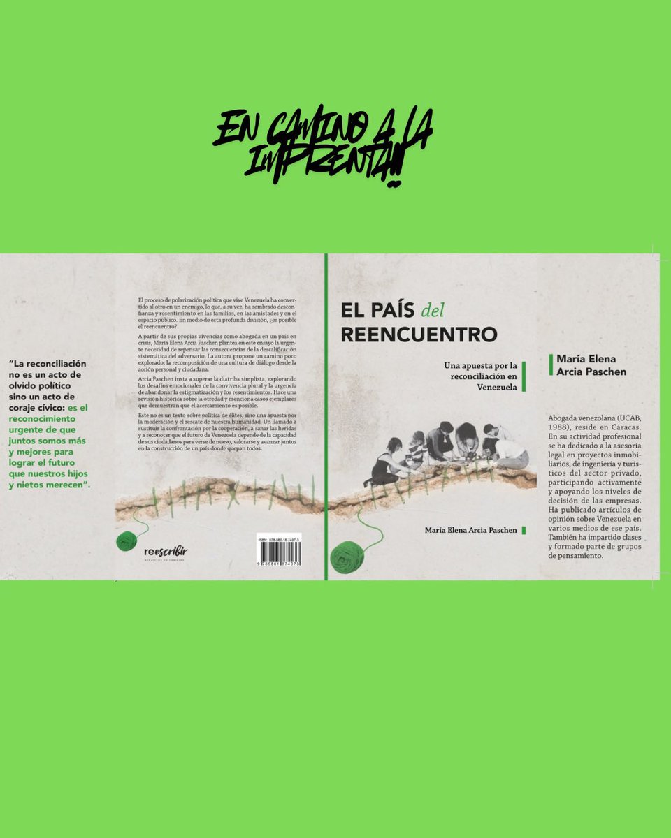 malarcia's tweet photo. Ya en camino El país del Reencuentro! Necesitamos cambiar el discurso del odio y resentimiento; el de confrontación por cooperación reconociendo las heridas, rescatando la confianza en nosotros y en los otros, entendiendo que todos seremos necesarios para construir el país del futuro!
#elpaisdelreencuentro
#ensayo #mariaelenaarcia #libros2025 #memoriahistórica