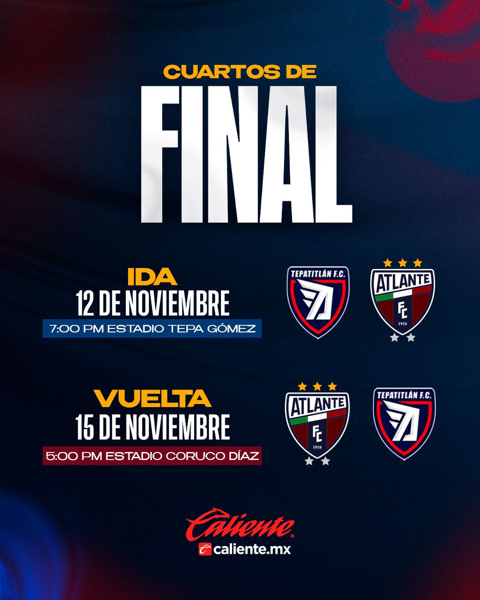 ¡LISTOS LOS HORARIOS DE LOS CUARTOS DE FINAL!

Estos son los horarios para nuestros partidos de cuartos de final 🆚 <a href="/TepatitlanFC/">Tepatitlán FC</a>.
¡Vamos por el pase a semifinales!

#SerAtlante
#PotrosDeHierro