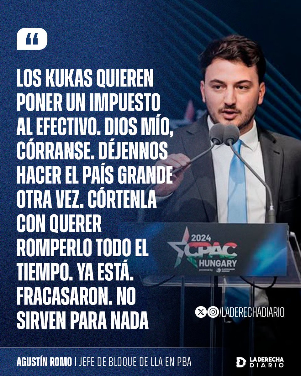 laderechadiario's tweet photo. 🇦🇷 | El jefe de bloque de LLA en PBA, Agustín Romo, explotó contra los kirchneristas tras la propuesta de un impuesto al efectivo: "Dios mío, córranse. Déjennos hacer el país grande otra vez. Córtenla con querer romperlo todo el tiempo. Ya está. Fracasaron. No sirven para nada". https://t.co/meQU5r688b