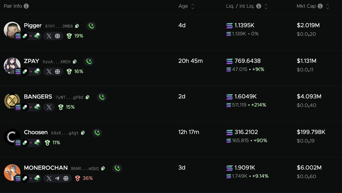 Trending Memecoins (24 hours) 
1) $Pigger
2) $Zpay
3) $Bangers
4) $Choosen
5) $Monerochan