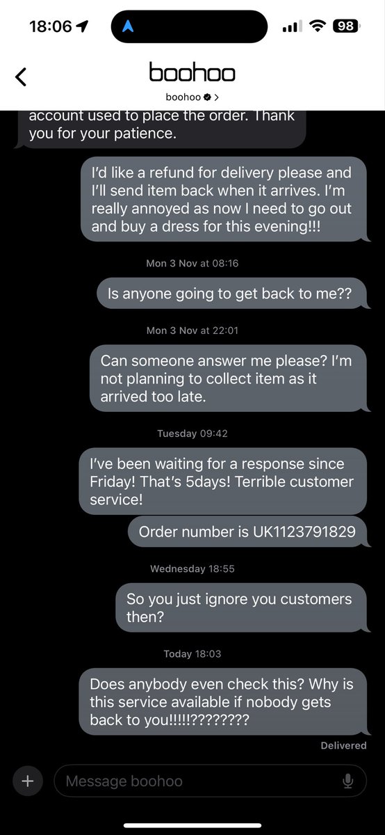 AlexandraLSmith's tweet photo. @boohoo ……… ignoring customers since Oct 31st 2025. I ordered a dress for a Halloween party on Monday 27th (could order up until Wed 29th for Halloween delivery) party was Friday night and it arrived too late on Sat morning, still no response nearly two weeks later! https://t.co/9h1Sh8W1ii