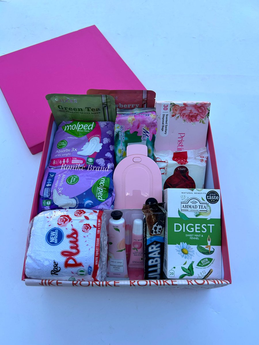 Ronike_Brand's tweet image. Don’t let your period catch you unprepared. The cramps, the tiredness it’s already enough.

This comfort box has everything you need for a relaxed and stress free period 

This is a perfect gift idea for you or your loved ones 

Contents: 
Pads
Wipes 
Pantliner
Sheet masks