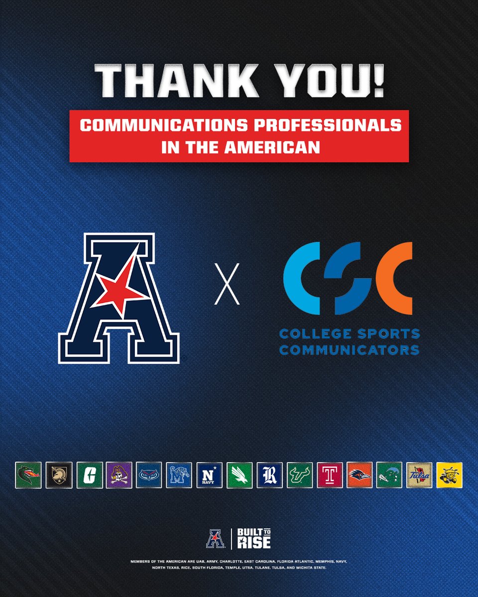 American_Conf's tweet photo. The American would like to honor and thank all of the communications professionals across the conference for their hard work in support of our student-athletes and teams👏
 
A special shoutout to the American Conference staff led by Chuck Sullivan!
 
#BuiltToRise https://t.co/M9PTJ7Ts4z