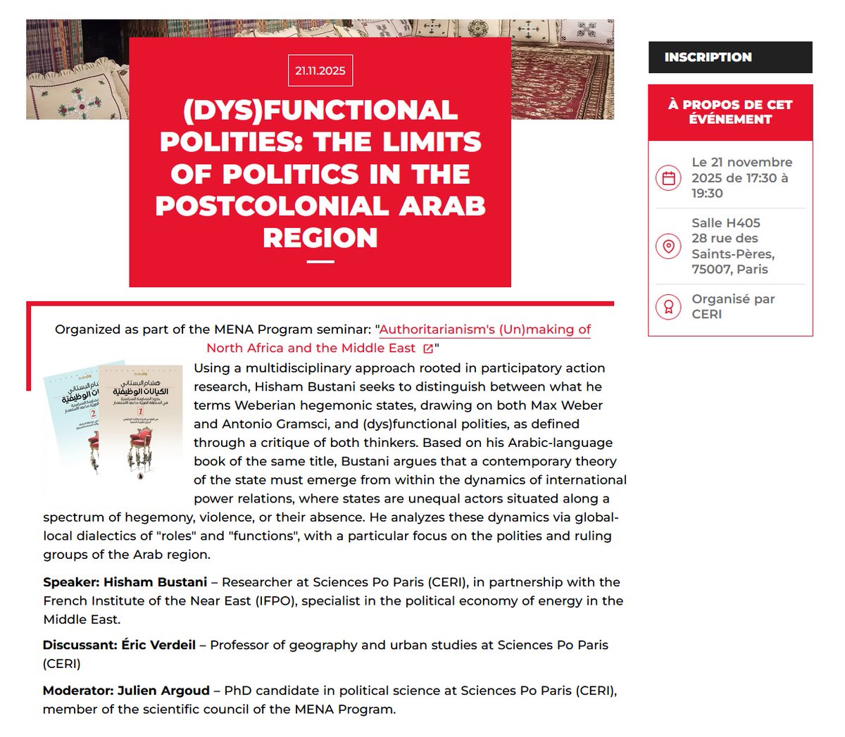 Join me for a talk on "(Dys)Functional Polities" - part of <a href="/sciencespo/">Sciences Po</a>'s MENA Program seminar, on Nov. 21, 17:30, Salle H405 at <a href="/CERI_SciencesPo/">CERI Sciences Po</a> 28 rue des Saints-Pères, 75007, Paris.
Discussant: the great Éric Verdeil (aka <a href="/verder0/">eric verdeil</a>) himself!
Register: sciencespo.fr/ceri-evenement…