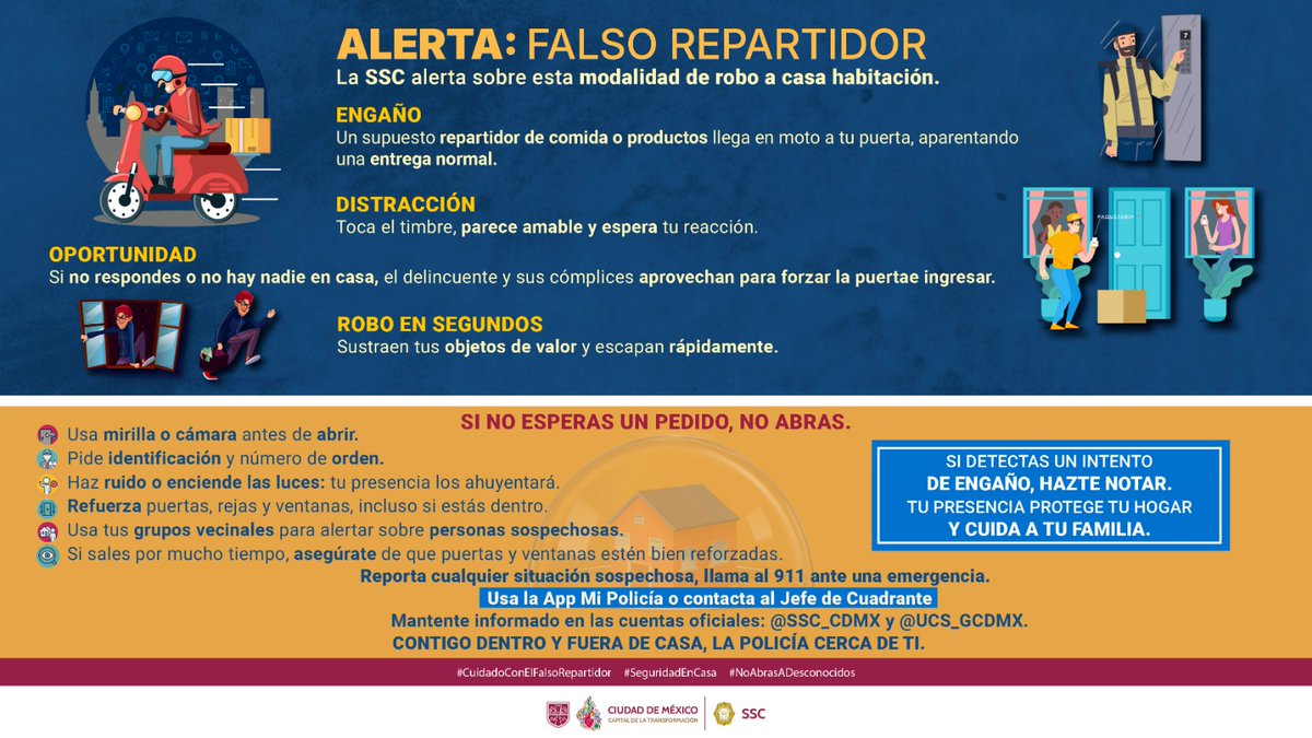 SSC_CDMX's tweet photo. #Alerta l #FalsoRepartidor l La #SSC alerta a la población sobre una nueva modalidad que los delincuentes utilizan para llevar a cabo el delito de robo a casa habitación, conocida como "Falso repartidor", en la que se hacen pasar por repartidores de aplicaciones de entrega para ingresar a domicilios y sustraer pertenencias o dinero en efectivo.
#RoboACasaHabitación