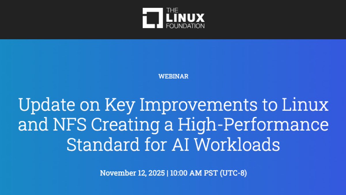 Catch <a href="/Molly_J_Presley/">Molly Presley</a> and Trond Myklebust, on a live webinar to present "Update on Key Improvements to Linux and NFS Creating a High-Performance Standard for AI Workloads."

Don't miss this webinar with the <a href="/LinuxFoundation/">The Linux Foundation</a> on Nov. 12th at 10am PST!
okt.to/ATaUO6