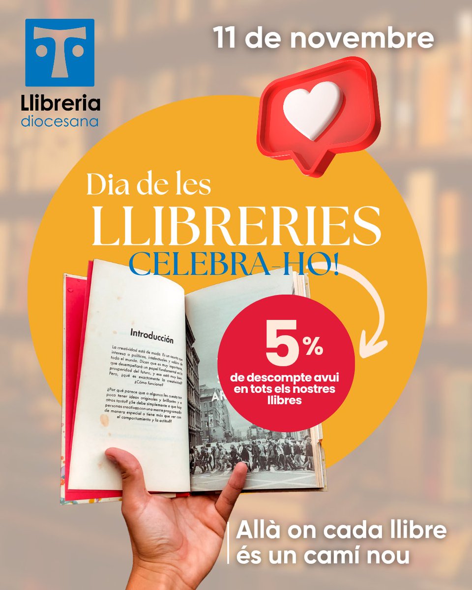 LlibreDiocesTGN's tweet photo. 📚 Demà és el #DiaDeLesLlibreries!
A la Llibreria Diocesana de Tarragona celebrem els llibres que obren camins… 💙

✨ Demà, 5% de descompte en tots els llibres d’exposició.
Vine i deixa’t inspirar!

#LlibreriaDiocesana #LlibresQueObrenCamins #Tarragona #LecturesQueTransformen https://t.co/8MeUvlVgfx