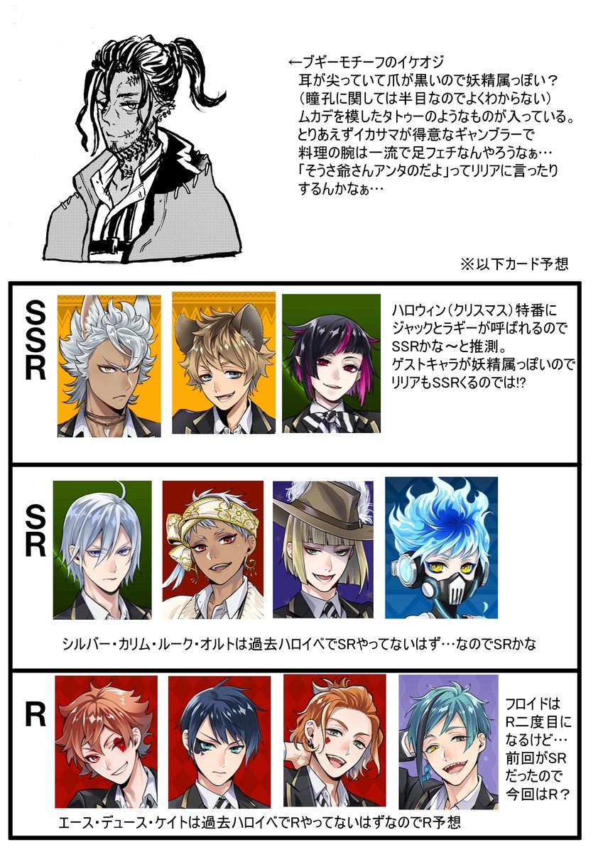 avemakio's tweet photo. まぁ実際には丸裸（精神的な意味or正体的な意味）での健全イケオジコースだと思うんスけど、モチーフ元かなーり極悪なキャラなんで子どもたちが酷い目に合わないか心配だ…！
多分SSRはジャック・ラギー・リリアだと思うけど、どう更生させるんだろ？とりあえずラギーとイカサマ賭博展開ありそう https://t.co/XhcheDqZ3n