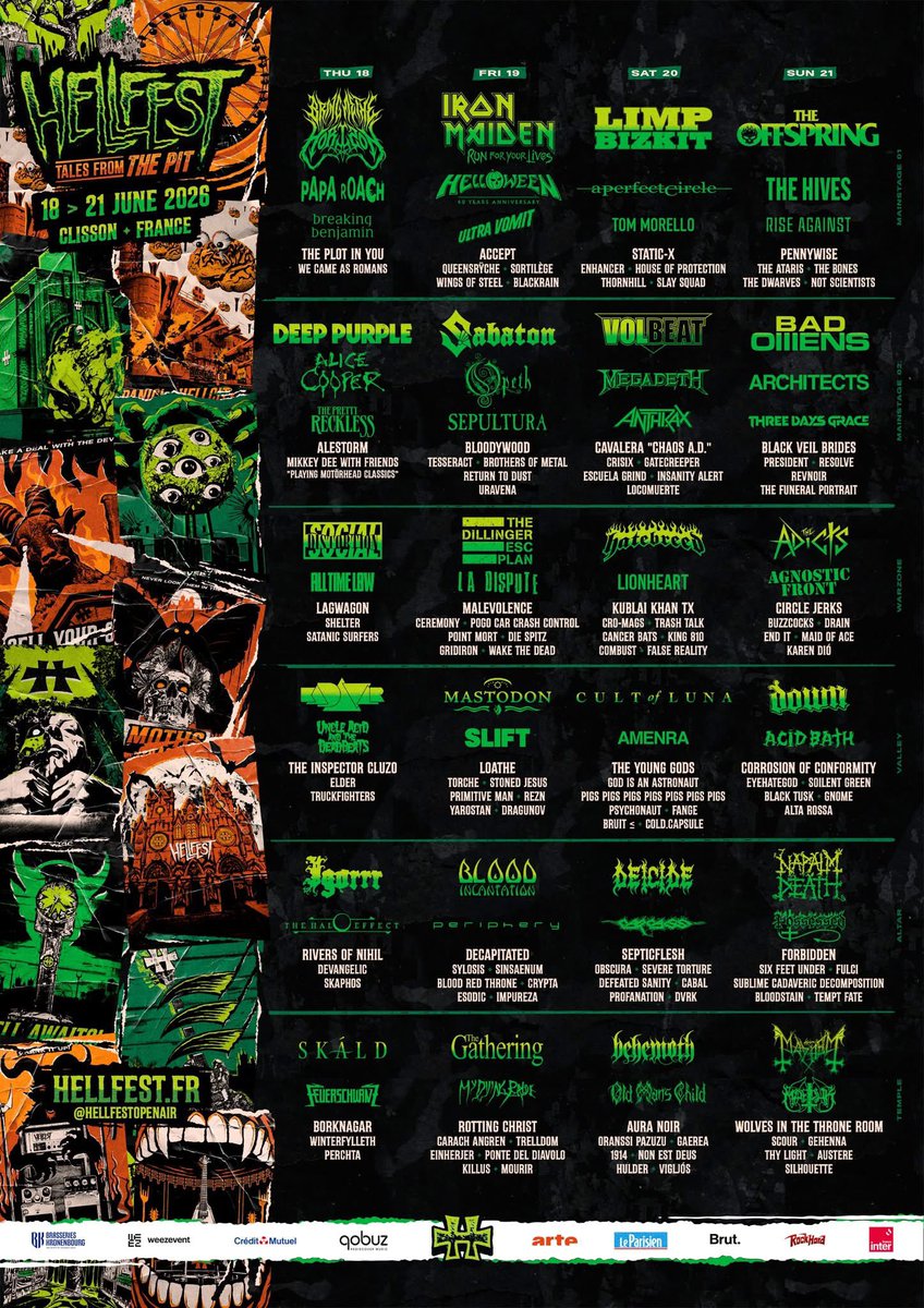 summainferno's tweet image. 🔥 Hellfest Open Air ya tiene su cartel 2026 y está brutal 🇫🇷⚡

Del 18 al 21 de junio en Clisson, Francia, con headliners como Iron Maiden, Limp Bizkit, The Offspring, Deep Purple, Sabaton, Volbeat, Bad Omens y muchos más.

#Hellfest2026 #IronMaiden #LimpBizkit #TheOffspring