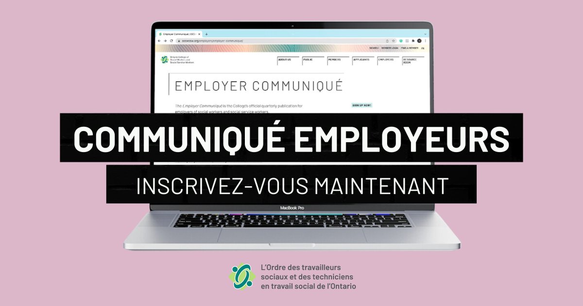 Êtes-vous un employeur de TSIs et/ou TTSIs en Ontario? Tenez-vous au courant de l’actualité &amp; des mises à jour de l'Ordre à l'intention des employeurs en vous abonnant à notre publication trimestrielle, Communiqué Employeurs.

Inscrivez-vous maintenant 🔗 ow.ly/UC4A50Xpx25