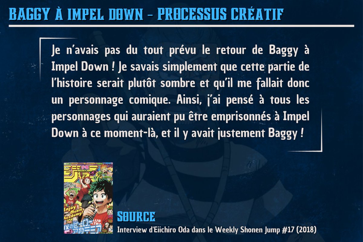 [Interview d'Oda] - #8 Impel Down (2018)

Si Oda pense les grands traits de son histoire à l'avance, soulignons aussi sa capacité d'adaptation. En témoigne la présence imprévue de Baggy à ID, non destiné à devenir un libérateur de prisonniers !

❤️+🔁
#ONEPIECE #ONEPIECE1165