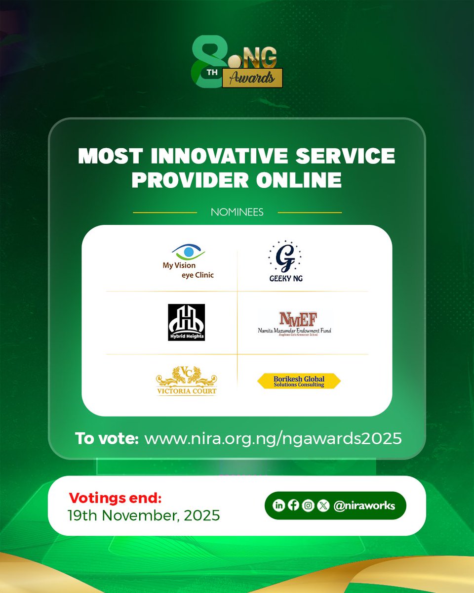 niraworks's tweet image. Meet the nominees for Innovative Service Provider, that are on the .ng  domain and redefining service delivery digitally.

My Vision Eye Clinic, @geekynig , Namita Mazumdar Endowment Fund, @hybridheights, Victoria Court and Borikesh GSC

Vote nira.org.ng/ngawards2025