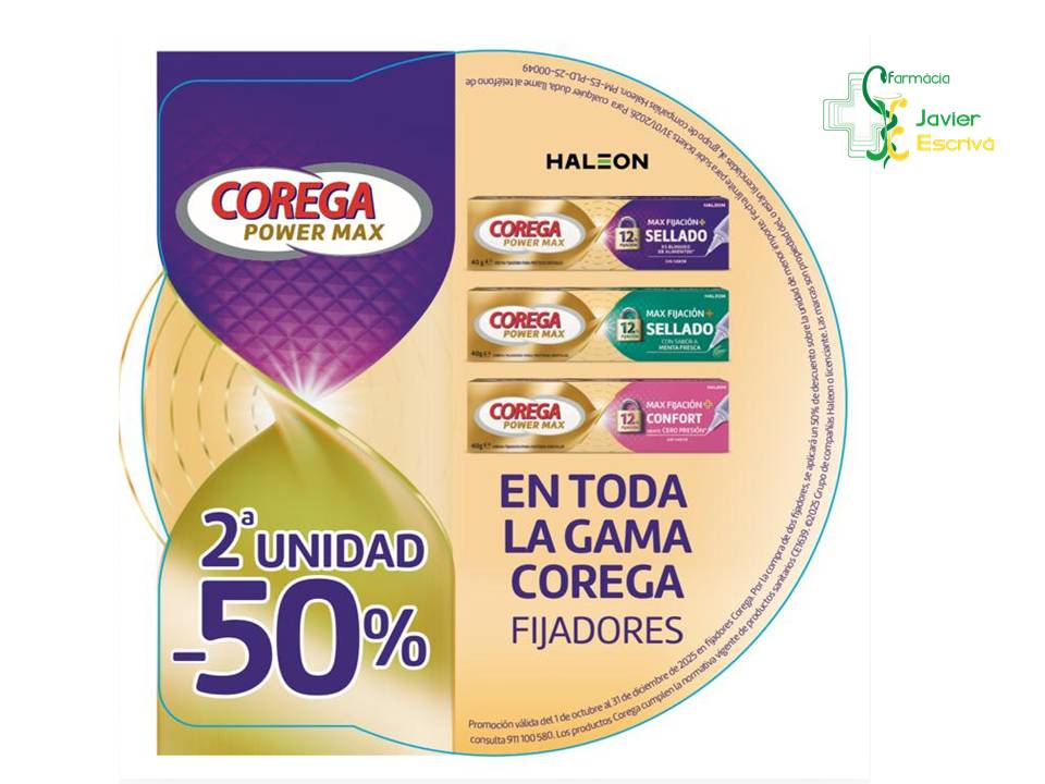 Hasta el miércoles 31 de diciembre a la Farmàcia Escrivà tenemos la Súper Promoción de los laboratorios Haleon, en todo la gama de Corega Fijadores. Te hacemos el 50% de descuento en la segunda unidad (el descuento será en la de menor precio).