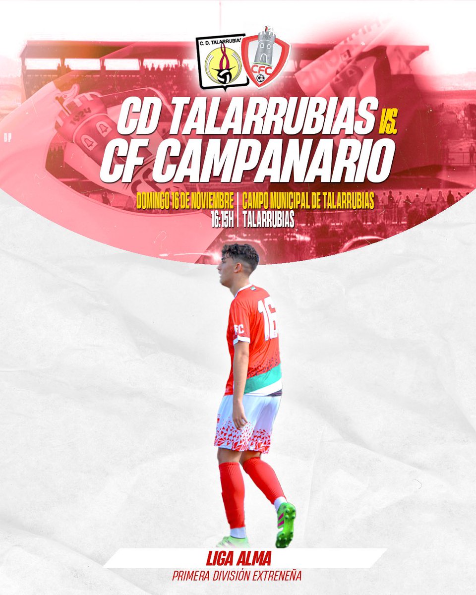 JORNADA 8 | LIGA ALMA

📍 Campo Municipal de Talarrubias 
📅 Domingo, 16 de Noviembre
🕛 16:15H
🆚 CD Talarrubias

#vamoscampa🔴🔴