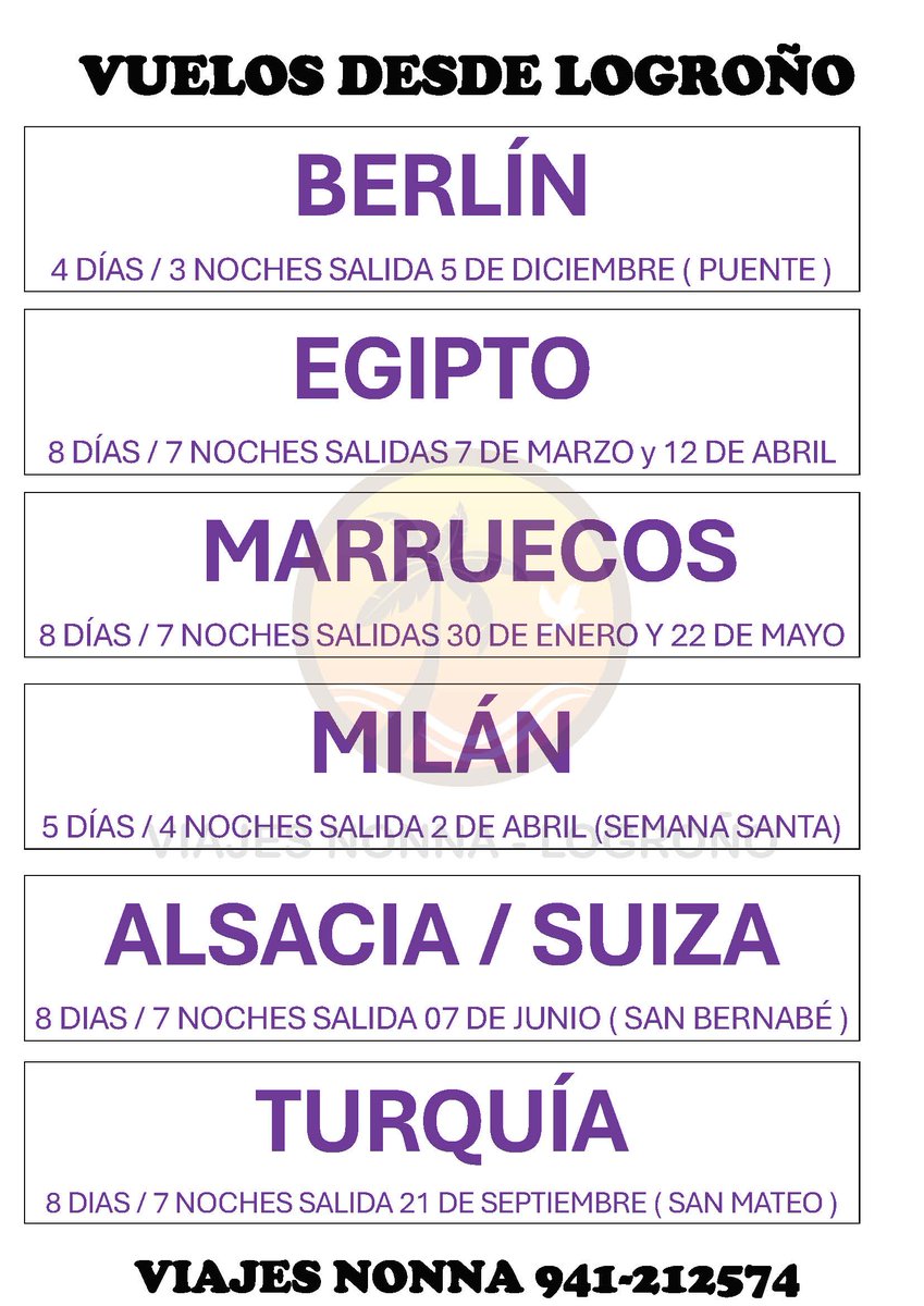 ViajesNonna's tweet photo. Actualización de vuelos especiales desde el aeropuerto de Logroño para los próximos meses. Plazas a la venta para todos estos destinos en Viajes Nonna https://t.co/YHg8ZaTfAm