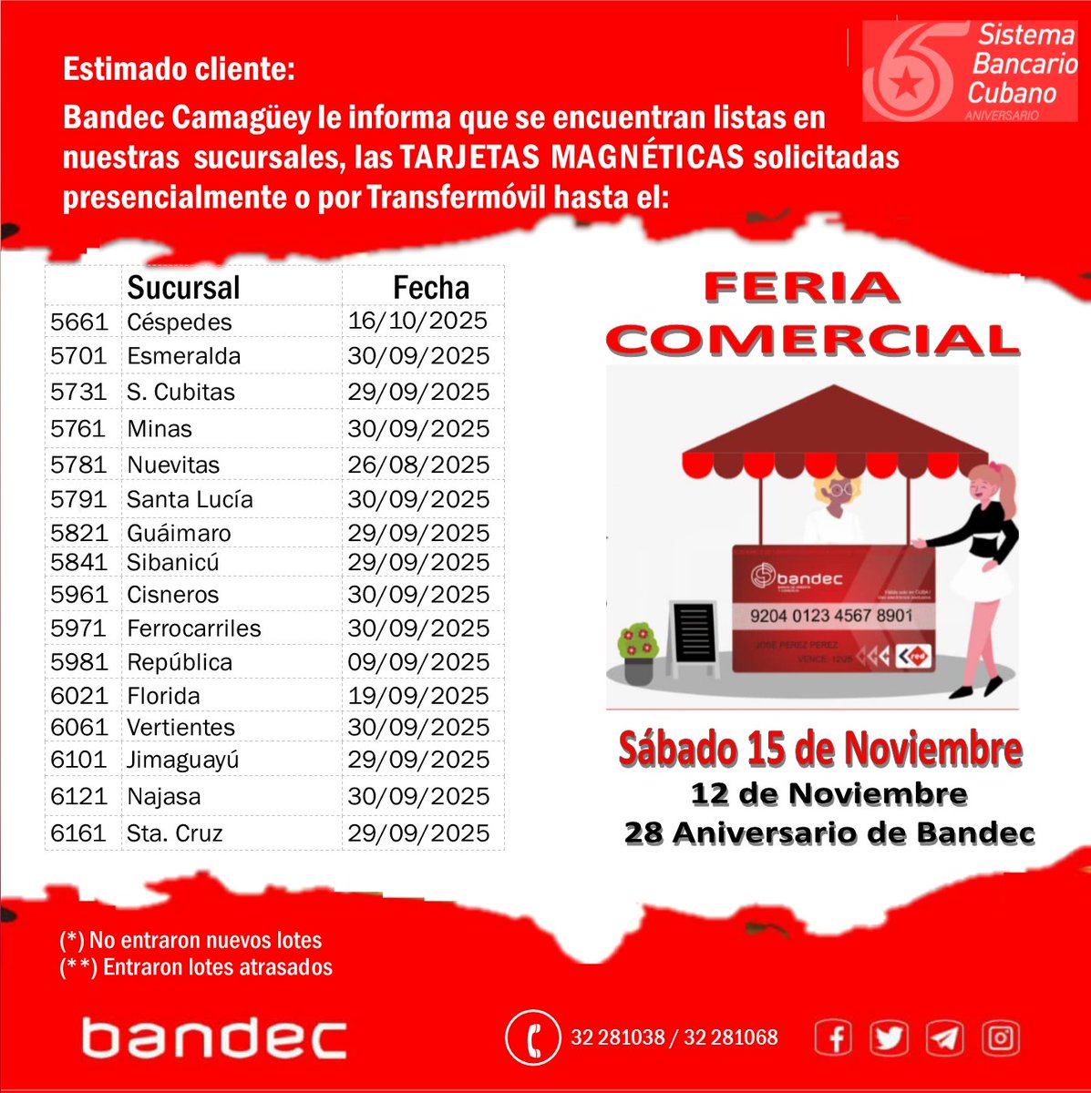 BCamaguey's tweet photo. Bandec Camagüey informa:
¡Tarjetas Magnéticas disponibles en sucursales!
👉Ahorro
👉Salarios
👉Formación de Fondos
👉Asociadas a cuentas corrientes
🔍 Consulta la infografía con fechas por sucursal.
✔ Solicita tu tarjeta #MULTIBANCA
#EduquemosNuestrasFinanzas
#PorCamagüeyTodo https://t.co/7Rjy7c6Jxs