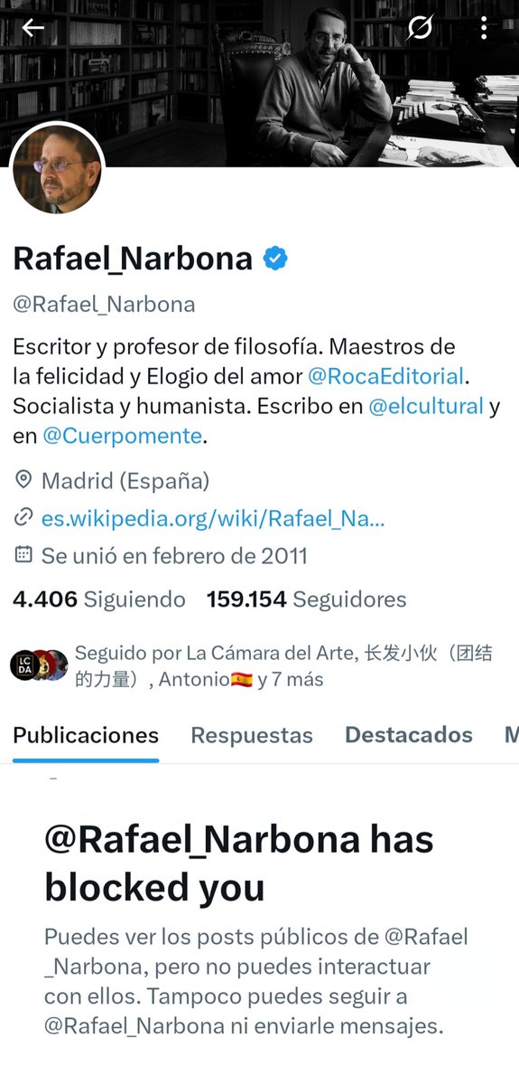 #RafaelNarbona.Otro que va de humanista,pero te silencia, de filósofo e intelectual,pero cuando confrontas su opinión impregnada de doctrina,de propaganda y sectarismo te bloquea Evidenciando que no se puede ser socialista y libre pensador.
He ganado a tu filosofía con mi lógica.