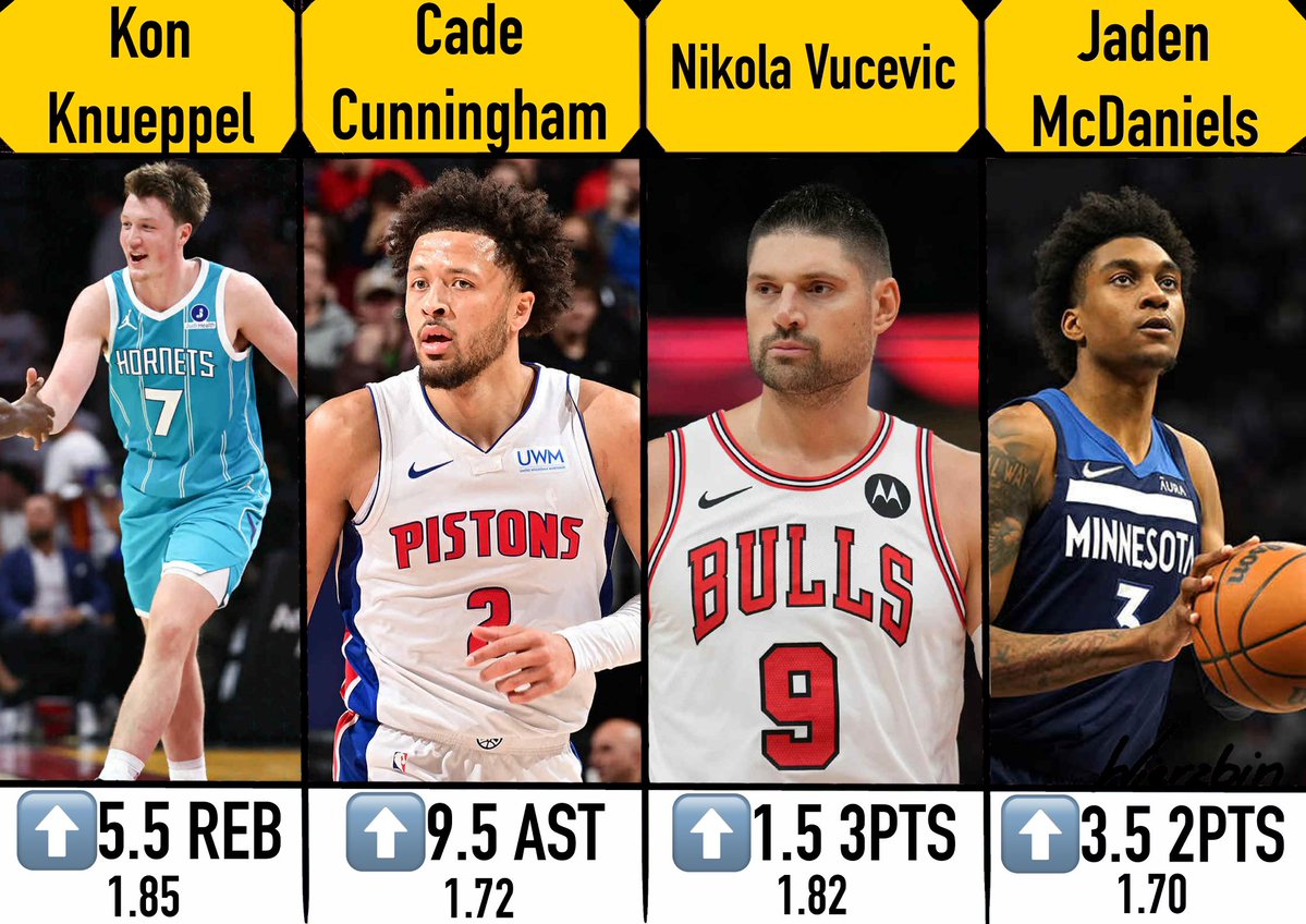 🏀NOCNA ZMIANA🌌

🎥: superbet.onelink.me/Tegf/3wq62p9p

💰100PLN Freebet dla obserwującego który ❤️polubi posta jeżeli kupon będzie wygrany! 

1️⃣Knueppel ⬆️5.5 REB - 1.85 
2️⃣Cunningham ⬆️9.5 AST - 1.72 
3️⃣Vucevic ⬆️1.5 3PTS - 1.82 
4️⃣McDaniels ⬆️3.5 2PTS - 1.70 

⬇️ANALIZA⬇️

1️⃣Knueppel