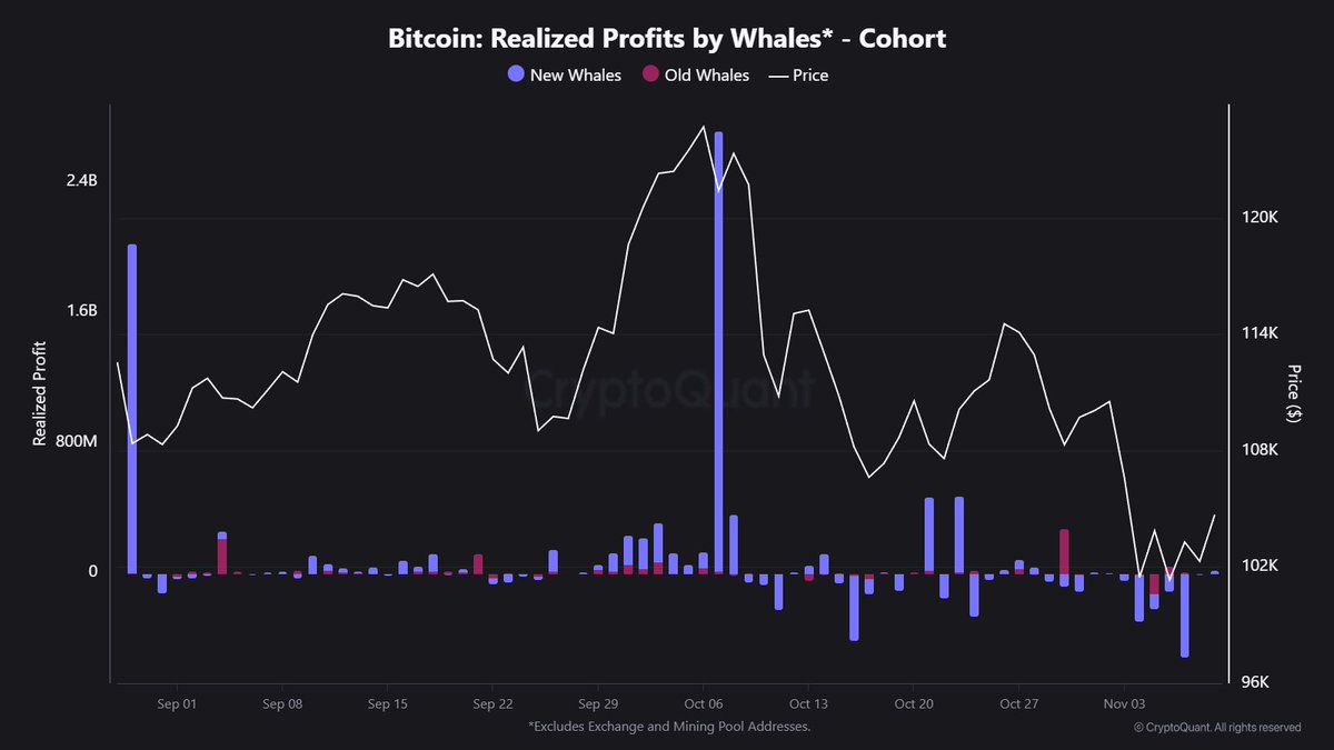 New Whales Are Feeling the Heat Since Oct 28, Bitcoin has traded below the  average cost basis of new whales (~$110.8K), triggering significant  realized losses: Nov 4: -$286.4M Nov 5: -$90.7M Nov