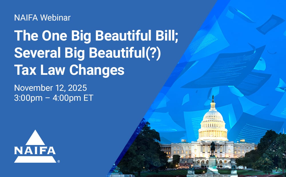 Tax law changes from the One Big Beautiful Bill are reshaping estate planning and charitable giving. Join NAIFA and speaker Bob Kirkland, JD, LLM on November 12 from 3:00 to 4:00 pm Eastern for a breakdown of what these updates mean for your clients. 
hubs.ly/Q03SsB2X0