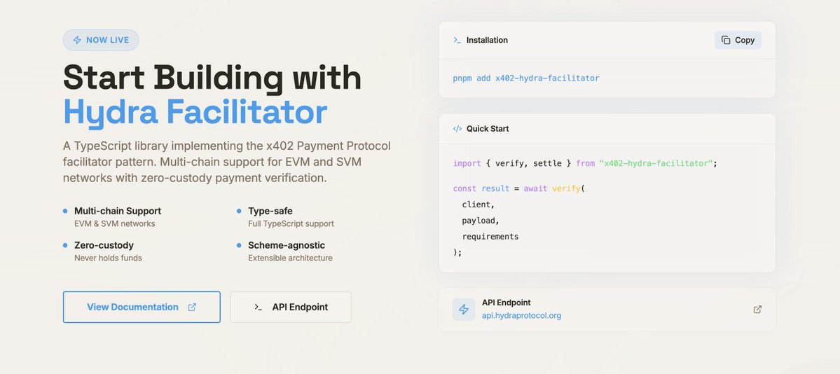 Hydra_Protocol_'s tweet photo. Start building with the Hydra Facilitator 💧

A TypeScript library for x402 payments - multi-chain (EVM + SVM), zero-custody, and type-safe.

Verify and settle in one line:
`pnpm add x402-hydra-facilitator`

Docs + endpoint: https://t.co/AAF3EciRpT