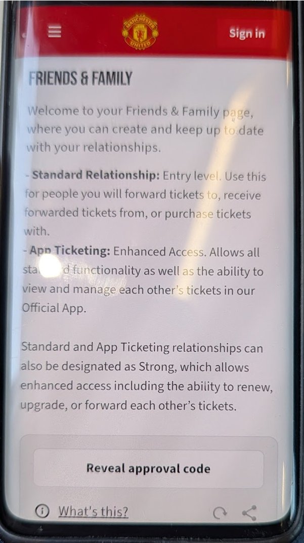 Approval codes for MUFC account relationships are coming. It works similarly to two-factor authentication, where you validate that it's you to make a change.

For United, it appears to be a "3 Words" approach, which can be shared with friends and family to authenticate the