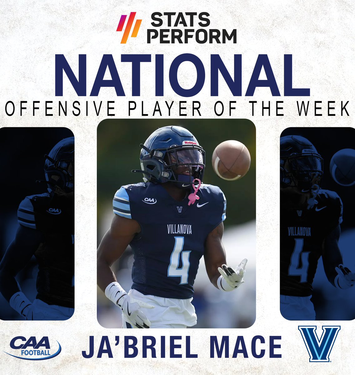 CAAFootball's tweet photo. Ja'briel Mace eclipsed the legendary Brian Westbrook’s school record for rushing yards in a game with 291 and scored all four @NovaFootball TDs in a 28-10 win at Towson and has been named @OptaAnalystFCS National Offensive Player of the Week

📰 https://t.co/ZDdHRr8tzv https://t.co/Tjzq4A170z