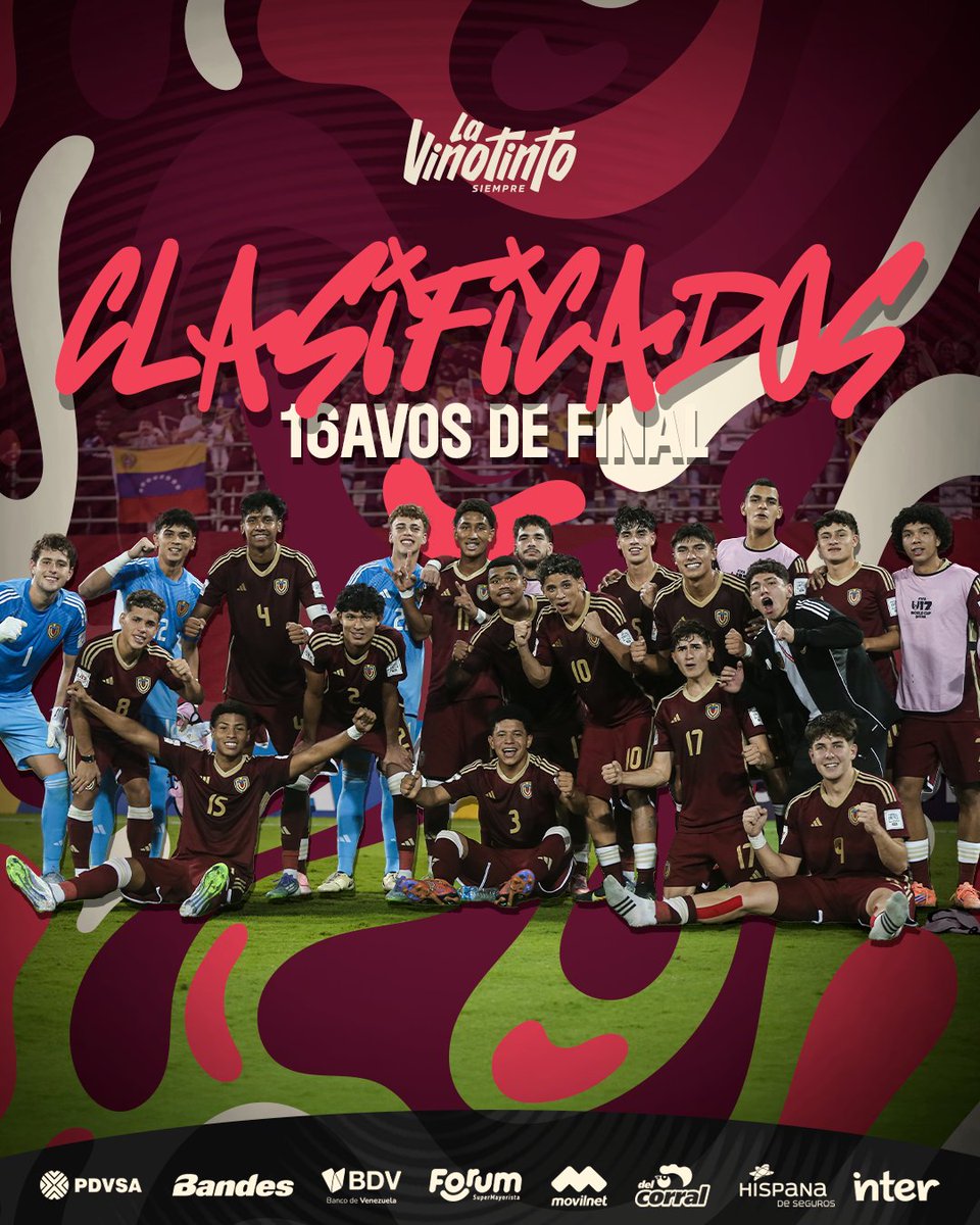𝐂𝐋𝐀𝐒𝐈𝐅𝐈𝐂𝐀𝐃𝐎𝐒 𝐀 𝟏𝟔𝐕𝐎𝐒 𝐃𝐄 𝐅𝐈𝐍𝐀𝐋 🫂🇻🇪

Logramos la clasificación a la siguiente fase del <a href="/FIFAWorldCup/">FIFA World Cup</a> como 𝗟𝗶́𝗱𝗲𝗿𝗲𝘀 𝗱𝗲𝗹 𝗚𝗿𝘂𝗽𝗼 𝗘 👏🏼

➡️ 𝑺𝒆𝒈𝒖𝒏𝒅𝒂 𝒄𝒍𝒂𝒔𝒊𝒇𝒊𝒄𝒂𝒄𝒊𝒐́𝒏 a fase final de 𝑽𝒆𝒏𝒆𝒛𝒖𝒆𝒍𝒂 en un Mundial Sub17