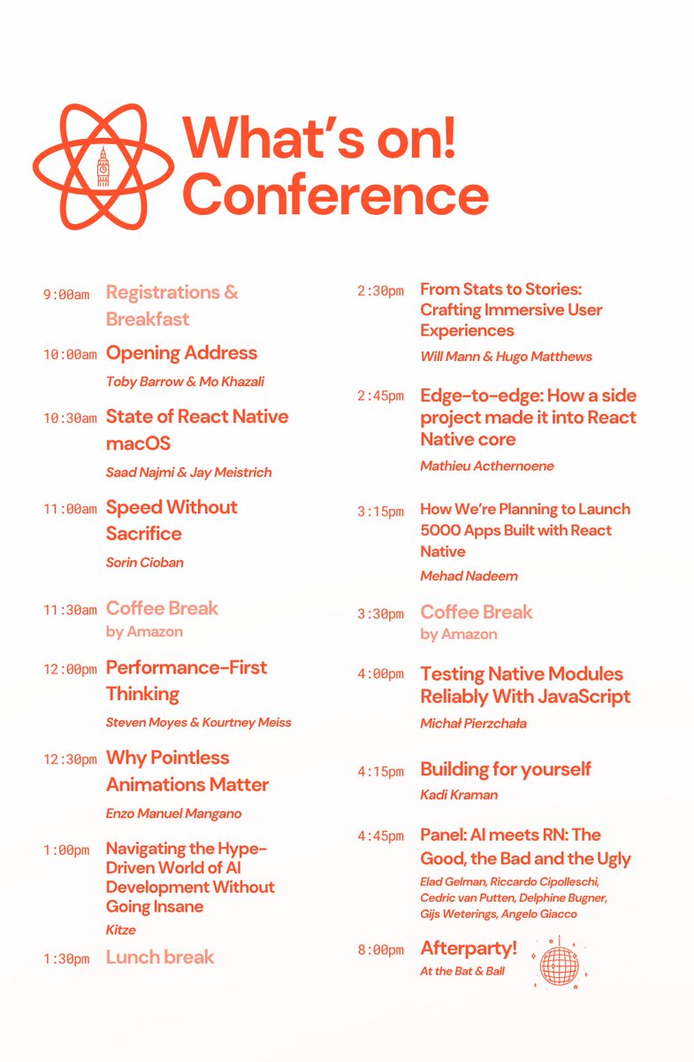 RNLConf's tweet image. Just dropped: your full React Native London game plan 🎯

Workshops? Talks? A wild afterparty? It’s all locked in.
We&apos;re 3 days out. Get scrolling and start plotting your moves 👇

🎟️ Grab your tickets in the comments if you&apos;re feeling the FOMO