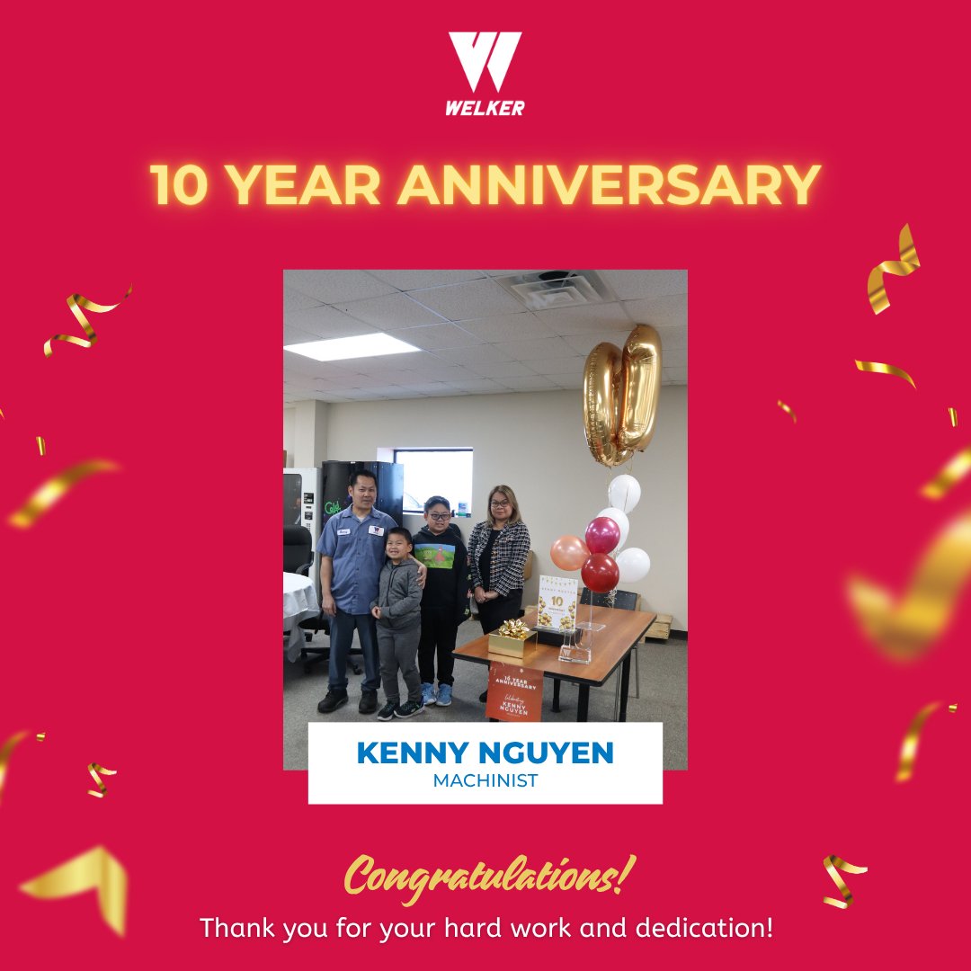 🎉 Celebrating 10 Years of Kenny Nguyen! 🎉

Kenny has spent a decade in our machine shop bringing skill and positivity to every project. Kenny's determination to get things done has set a great example.

We appreciate you, Kenny!

#WorkAnniversary #EmployeeAppreciation