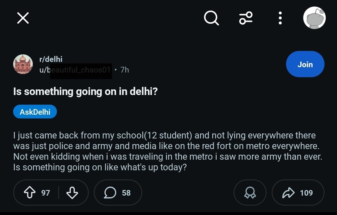 Jhunjhunuwala_'s tweet photo. Eyewitness account posted 7 hours earlier on Reddit.

Delhi Police was combing Red Fort for a threat.

We had the intel, intercepted 5 tonnes of RDX, ultimately, one link got away, causing the blast.

Also, the man who single-handedly uprooted Naxalism and Article 370 and implemented the CAA doesn’t require your validation. 

AsshoIe.