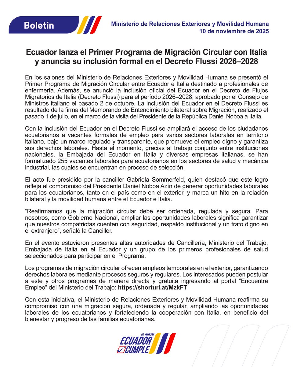 Ecuador lanza el primer programa de migración circular con Italia y anuncia su inclusión formal en el Decreto Flussi 2026 - 2028.