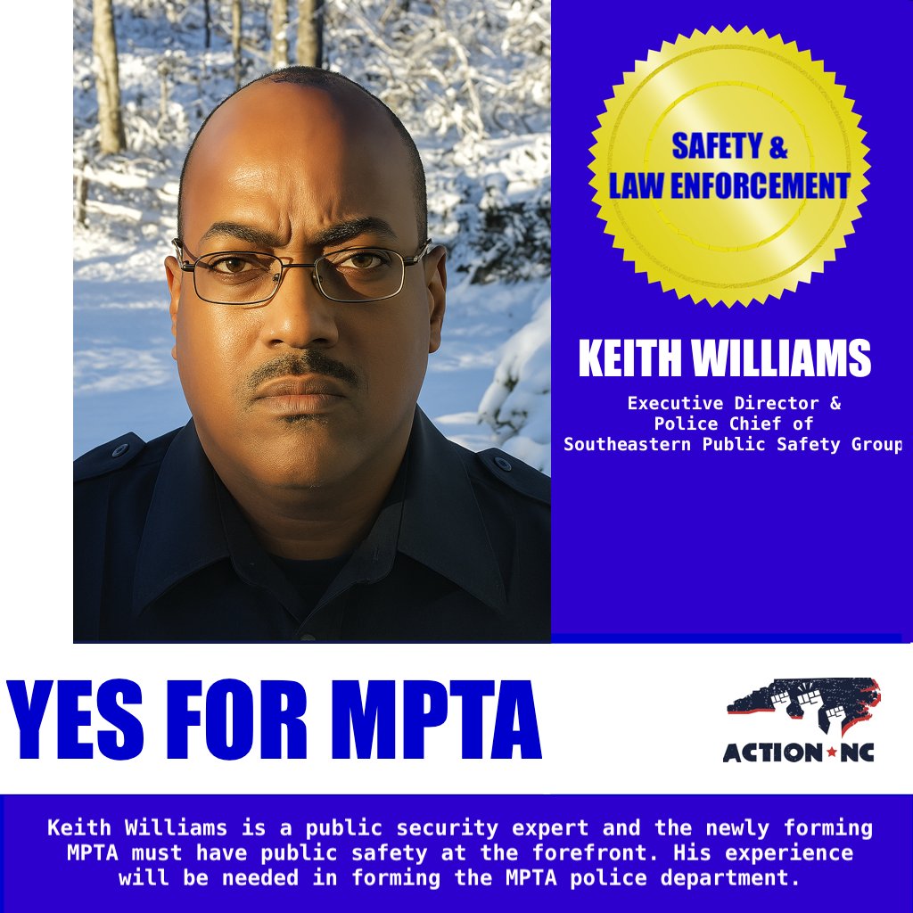 Action_NC's tweet photo. Action NC is honored to ENDORSE Keith Williams, the Executive Director of Southeastern Public Safety Group, for the his expertise in safety and law enforcement to serve on the newly forming Metropolitan Public Transportation Authority. #YesForMPTA https://t.co/mbf68AnjQJ
