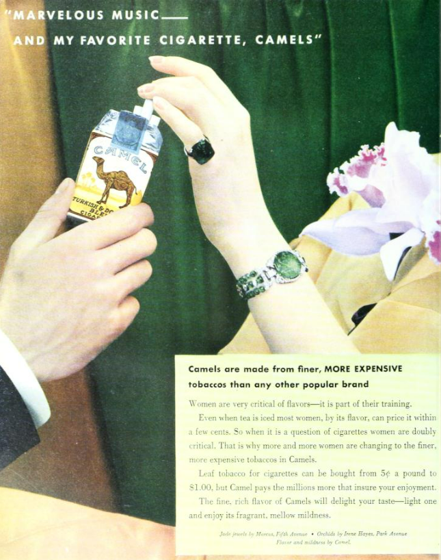 This 1930s Camel ad generated millions selling status, not smoke.

Most brands die trying to out-feature their competitors. 

Camel flipped the script.

Evening wear. Jewelry. Classical music reference. 

The copy mentions flavor, but that's not the lead. 

Instead, one killer