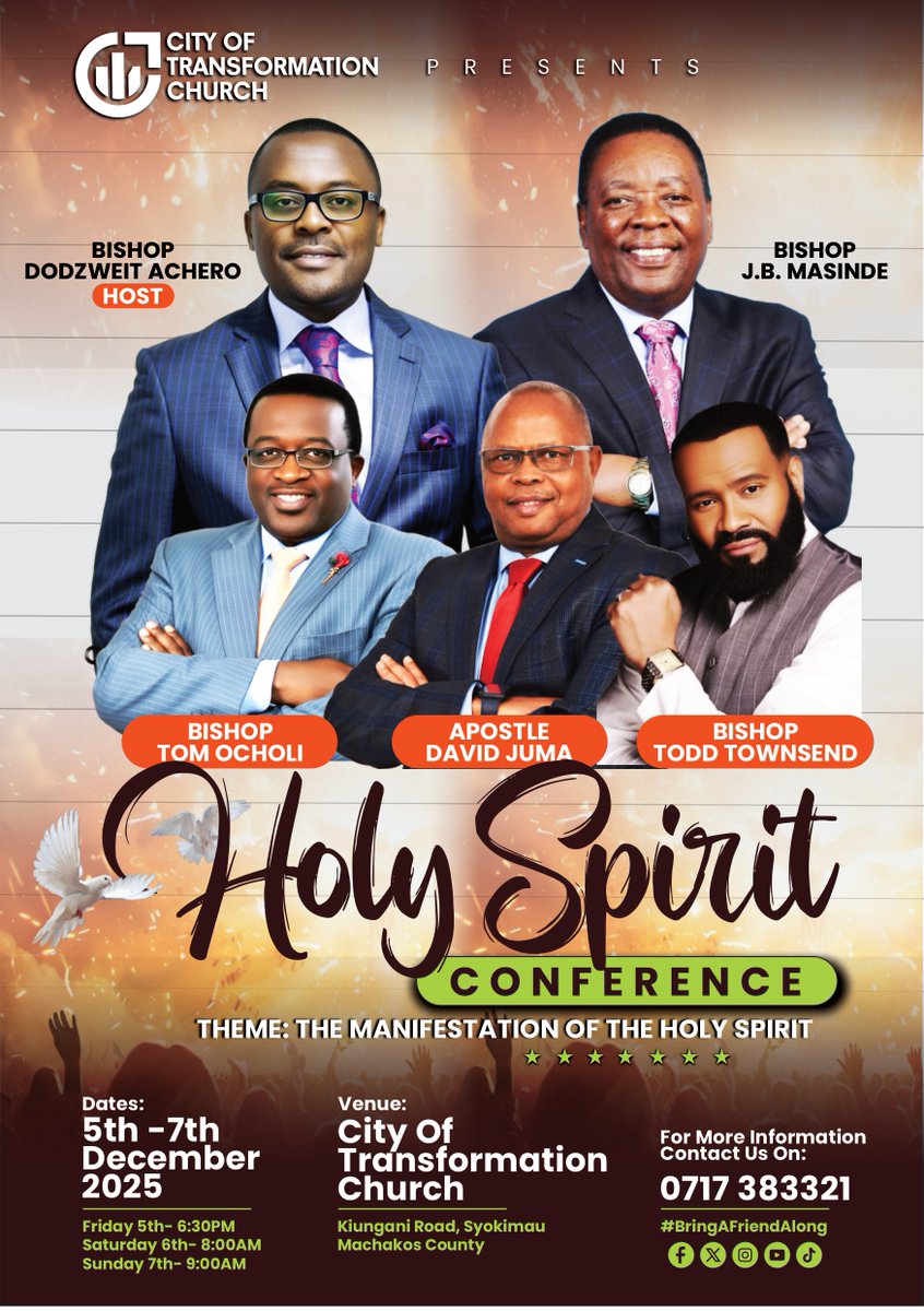 Join us for the Holy Spirit Conference, December 5–7 at City of Transformation Church, Syokimau. Come hungry. Come expectant. Come ready for divine manifestation. #HolySpiritConference2025 #COTChurch #BringAFriendAlong